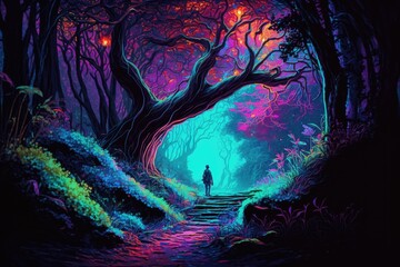 Fototapeta premium Fantasy neon woodland with dazzling colors that like a story. Generative AI