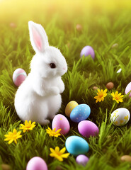 cute easter bunny on meadow with easter eggs generative Ai