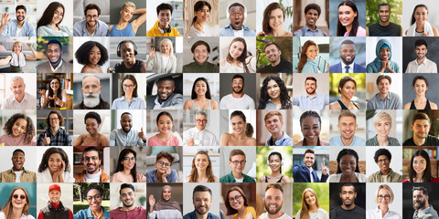 Positive multicultural people enjoying life, smiling at camera, collage