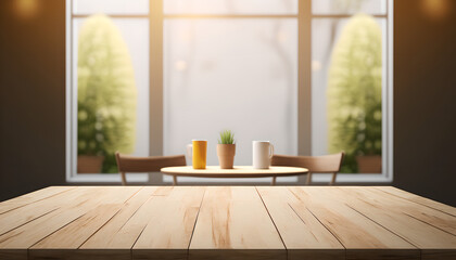 Empty Natural Wood Trunk of Table, Desk on Blur Minimal Nordic Cafe Style Background