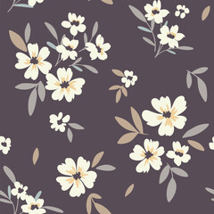 Fototapeta na wymiar Seamless floral pattern, rustic ditsy print with delicate flowers. Beautiful botanical design with hand drawn flora: white flowers, small leaves in bouquets on a dark background. Vector illustration.