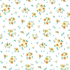 Seamless floral pattern, liberty ditsy print with mini cute flowers. Pretty botanical design of hand drawn flora: yellow flowers, tiny leaves, simple bouquets on white background. Vector illustration.