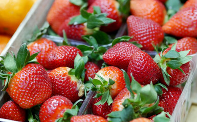 Strawberry background close up horizontally. 