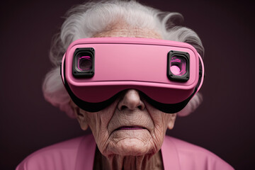 Generative AI image of senior woman in virtual reality headset