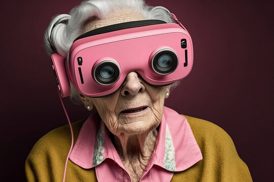 Generative AI illustration of senior woman in virtual reality headset