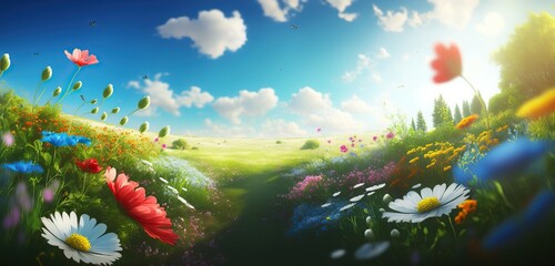 Background of the spring and summer. Gorgeous natural panorama with a grassy field in the front and a sun-filled blue sky in the background. Generative Ai.