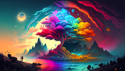 Fototapeta na wymiar illustration of the tree of life in a psychedelic landscape, created with generative ai