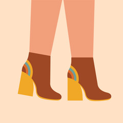 Woman high heel ankle boots. Pair of bright female, girls shoes. Glamour footwear. Retro, old style, vintage. Trendy vector illustration. 60-s, 70-s style.