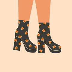 Woman high heel ankle boots. Disco female shoes  with star print. Glamour footwear. Retro, old style, vintage. Trendy vector illustration. 60-s, 70-s style.