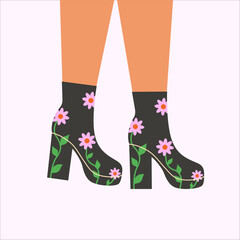 Woman high heel ankle boots. Fashionable female shoes  with flower print. Glamour footwear. Retro, old style, vintage. Trendy vector illustration. 60-s, 70-s style.