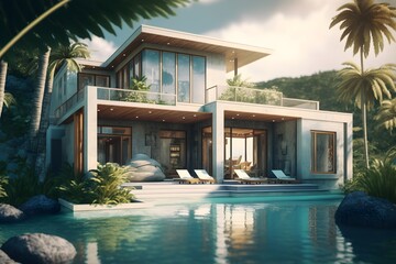 modern caribbean style house with pool, Generative AI