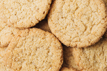 Oat cookies background. Healthy snack. Homemade healthy diet. Delicious biscuit. Cereal sweets. Breakfast snack. Dessert food.