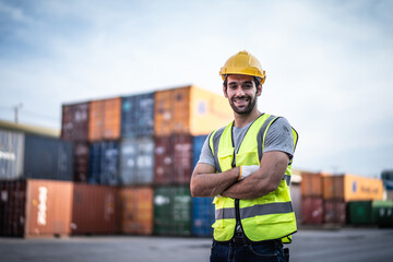 Caucasian warehouse worker in uniform with hard hat standing in container port terminal. Area logistics import export and shipping.