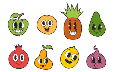 Cartoon retro fruit vegetable character stickers emotions set. Vector graphic design illustration element