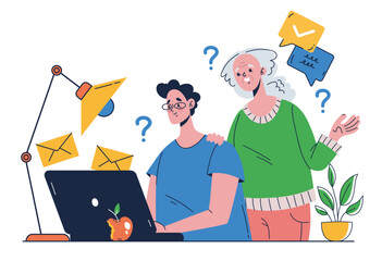 Young people help senior elderly people with gadget technology concept. Vector graphic design illustration element