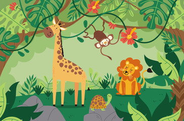  Animal jungle tree zoo wild nature cartoon concept. Vector graphic design illustration
