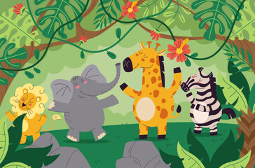  Animal jungle tree zoo wild nature cartoon concept. Vector graphic design illustration