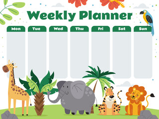 Week kid planner animal calendar table cute banner jungle style concept. Vector graphic design illustration