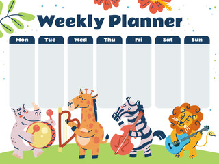 Week kid planner animal calendar table cute banner jungle style concept. Vector graphic design illustration