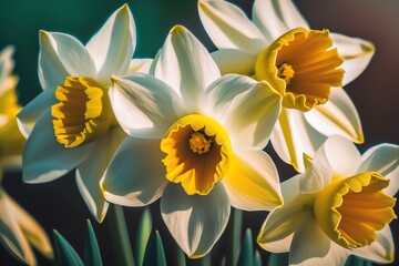 Obraz na płótnie Canvas Yellow Daffodils close-up view. Spring Daffodils bloom. Spring flowers. Generative AI