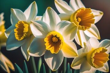 Fototapeta premium Yellow Daffodils close-up view. Spring Daffodils bloom. Spring flowers. Generative AI