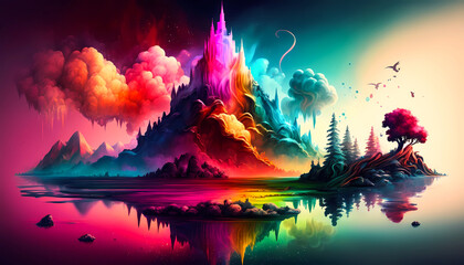 Fototapeta na wymiar illustration of a colorful magical fairy tale landscape, created with generative ai