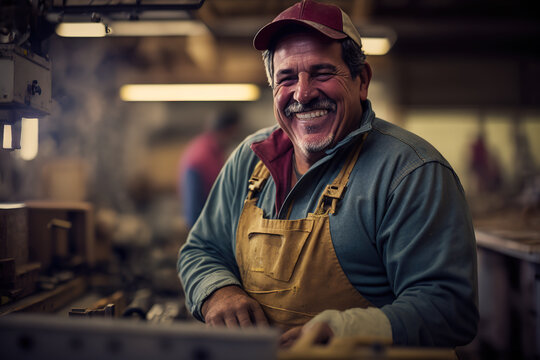 Retrato de hombre obrero maduro, en una fábrica, contento, con casco de seguridad y ropa de trabajo.