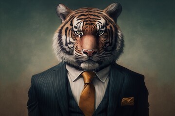 Portrait of a Tiger dressed in a formal business suit, generative ai	