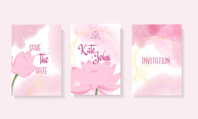 Luxury wedding invitation card with golden line and lotus flower. Watercolor flowers abstract background vector design for wedding cover template.