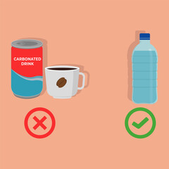 illustration of drinking mineral water is better than carbonated drinks and coffee , bottled mineral water versus canned carbonated drinks and coffee or unhealthy drinks ,flat design vector