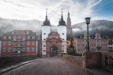 Old Bridge (Alte Brucke), Bruckentor (Bridge Gate) and Church of the Holy Spirit (Heiliggeistkirche) tower - Heidelberg, Germany