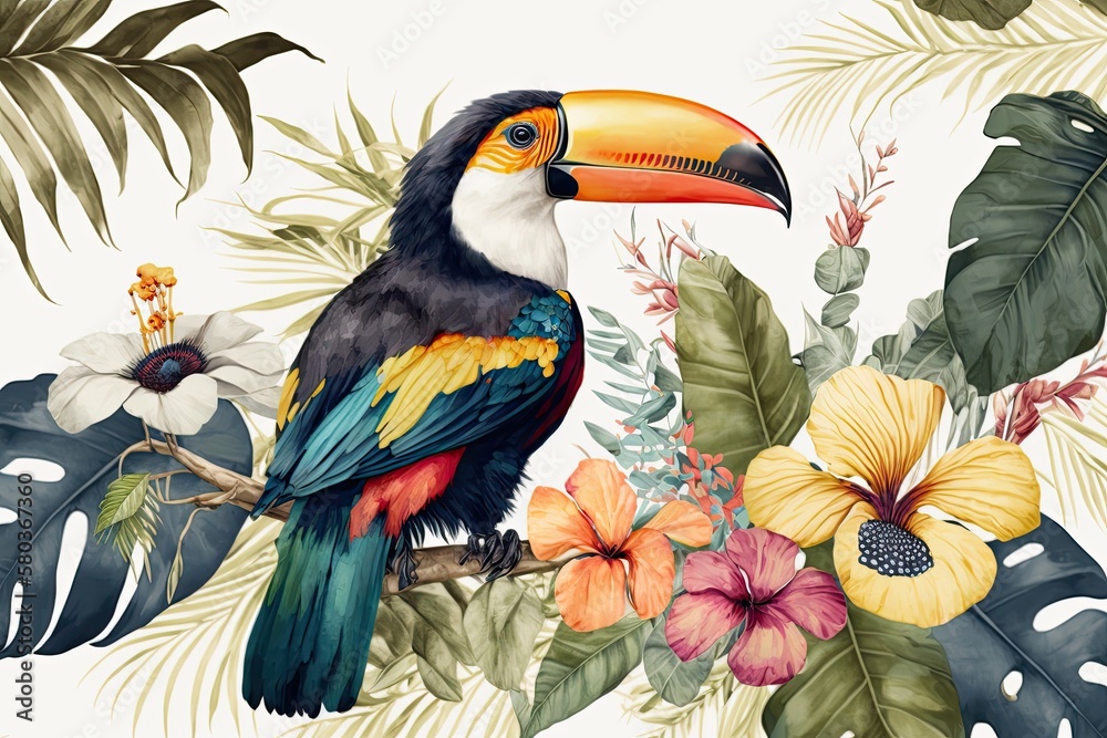 Wall mural Bright tropical image in a seamless pattern with watercolor toucan, flowers, orchids, and palm fronds on a white backdrop. Generative AI