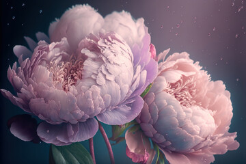 Bouquet of pink peonies covered with dew drops. Photorealistic illustration generative AI.