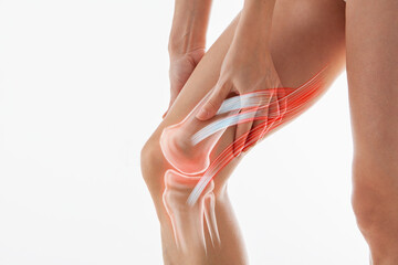 Knee pain, meniscus inflamed, human leg medically accurate representation of an arthritic knee joint. Persistent, sharp discomfort in the knee joint, accompanied by swelling and stiffness - obrazy, fototapety, plakaty