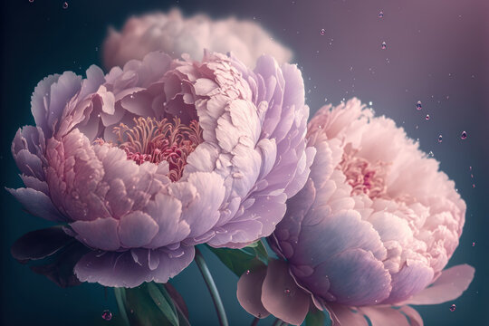 Bouquet of pink peonies covered with dew drops. Photorealistic illustration generative AI.