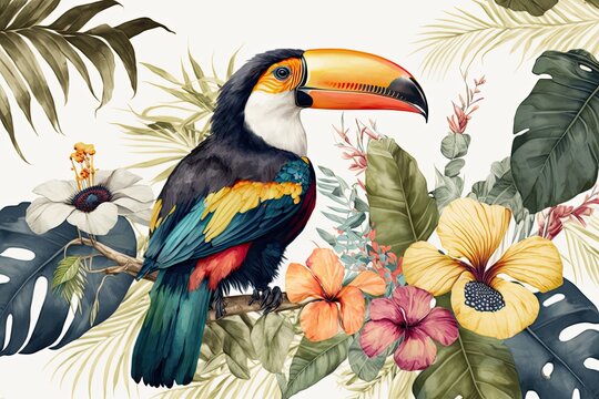 Bright tropical image in a seamless pattern with watercolor toucan, flowers, orchids, and palm fronds on a white backdrop. Generative AI