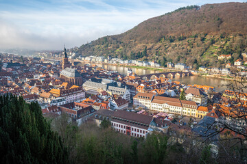 Fototapeta na wymiar Aerial view of Heidelberg old town with Church of the Holy Spirit (Heiliggeistkirche) and Old Bridge (Alte Brucke) - Heidelberg, Germany