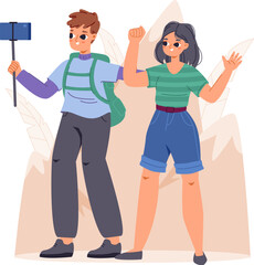 Tourist in mountains cartoon character. Hiking adventures, camping trip vacations. Happy students doing selfie near mountain, vector scene