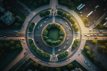 Top view of car traffic on multi-lane highways or expressways, traffic in roundabouts is part of everyday life. AI generated illustration. - obrazy, fototapety, plakaty
