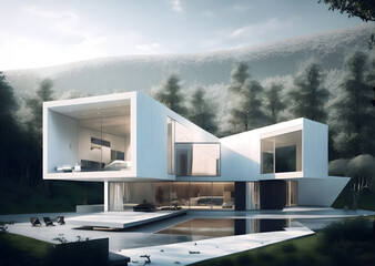 Modern villa in the green sunny weather, white colored design concept, Generative AI