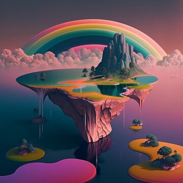 Rainbow-Colored Sky Floating Island Landscape