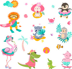 Obraz na płótnie Canvas Animals summer activities, animal surfer and vacation on beach. Cute lion sloth and crocodiles resting, play ball and eating sweets, nowaday funny vector clipart