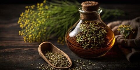 Organic dill plant produces dill seed oil, flowers, and dry seeds, Generative AI - obrazy, fototapety, plakaty