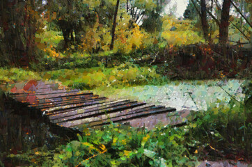 Wooden bridge over the river, surrounded by trees. Landscape with a palette knife