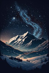 cartoon illustration, a beautiful snowy mountain night scene, ai generative