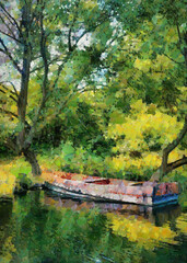 Obraz premium Summer landscape with a palette knife, a boat on the river