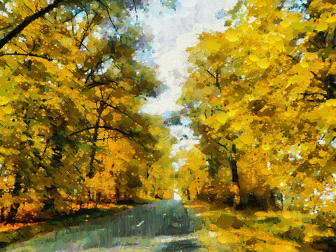 Landscape with a palette knife. Autumn road surrounded by golden trees. Bright sunny day