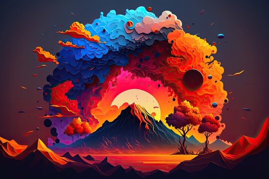 Beautiful volcano eruption raster image. Dust, lava, magma, plasma, fire, the end of the world, apocalypse, dima sky, cartoon, multicolor. the strength and beauty of nature. Generative AI