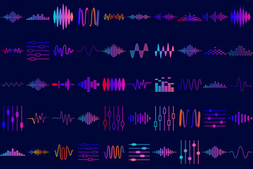 Multicolor collection sound audio wave object icon vector  flat design illustration