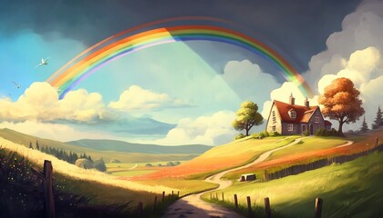 Peaceful Countryside with Rolling Hills and Rainbow